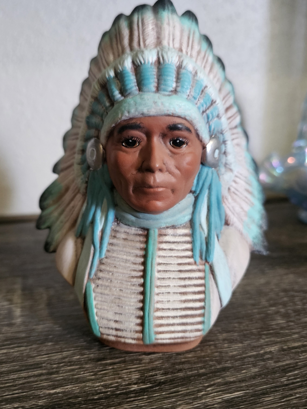 Vintage Turquoise and Cream Tribal Chief Bust Accent